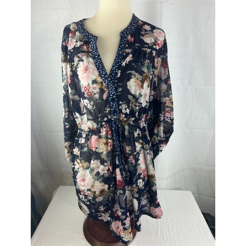 Women’s Maternity Long Sleeve Tie-Waist Floral Button Front Blouse Size XL Blue